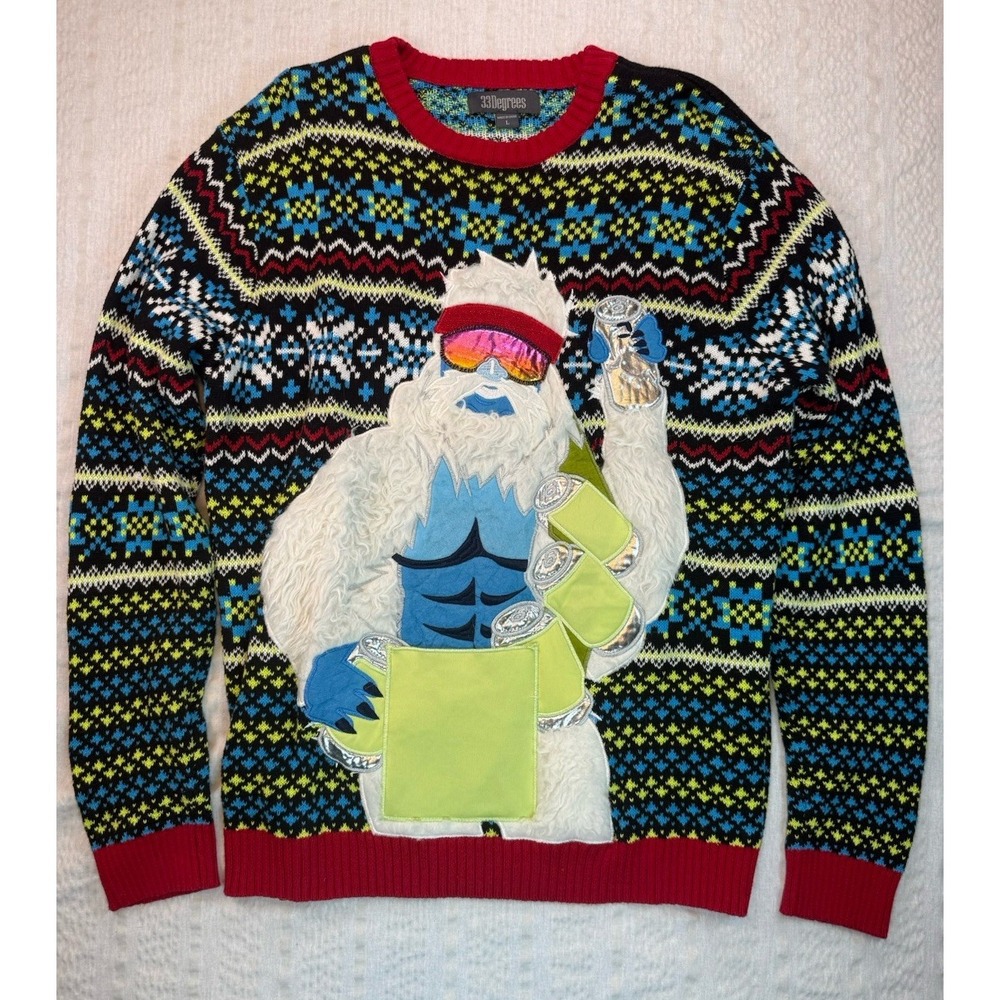 33 Degrees Yeti Ugly Christmas Sweater Beer Drunk Snowman Large